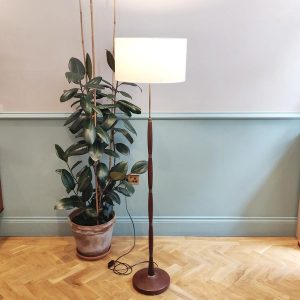 Teak & Brass Floor Lamp With Modern Shade
